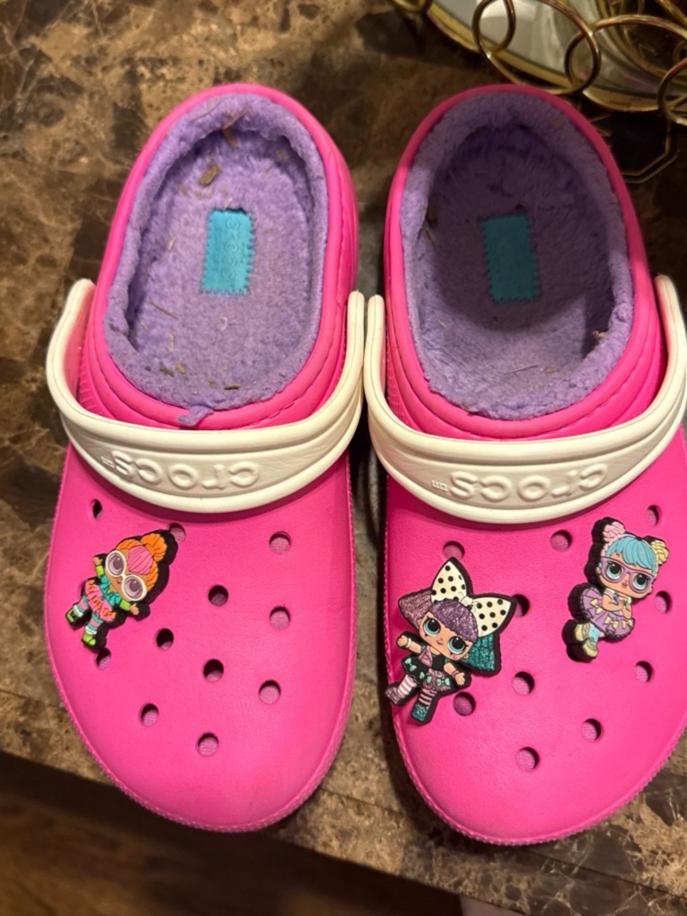 CROCS Kids Hot Pink Clogs with Lavender Plush Lining and White Strap